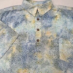 Pete Huntington Bali Batik Polo Shirt Mens XL Blue Green Yellow Camp Pullover‎